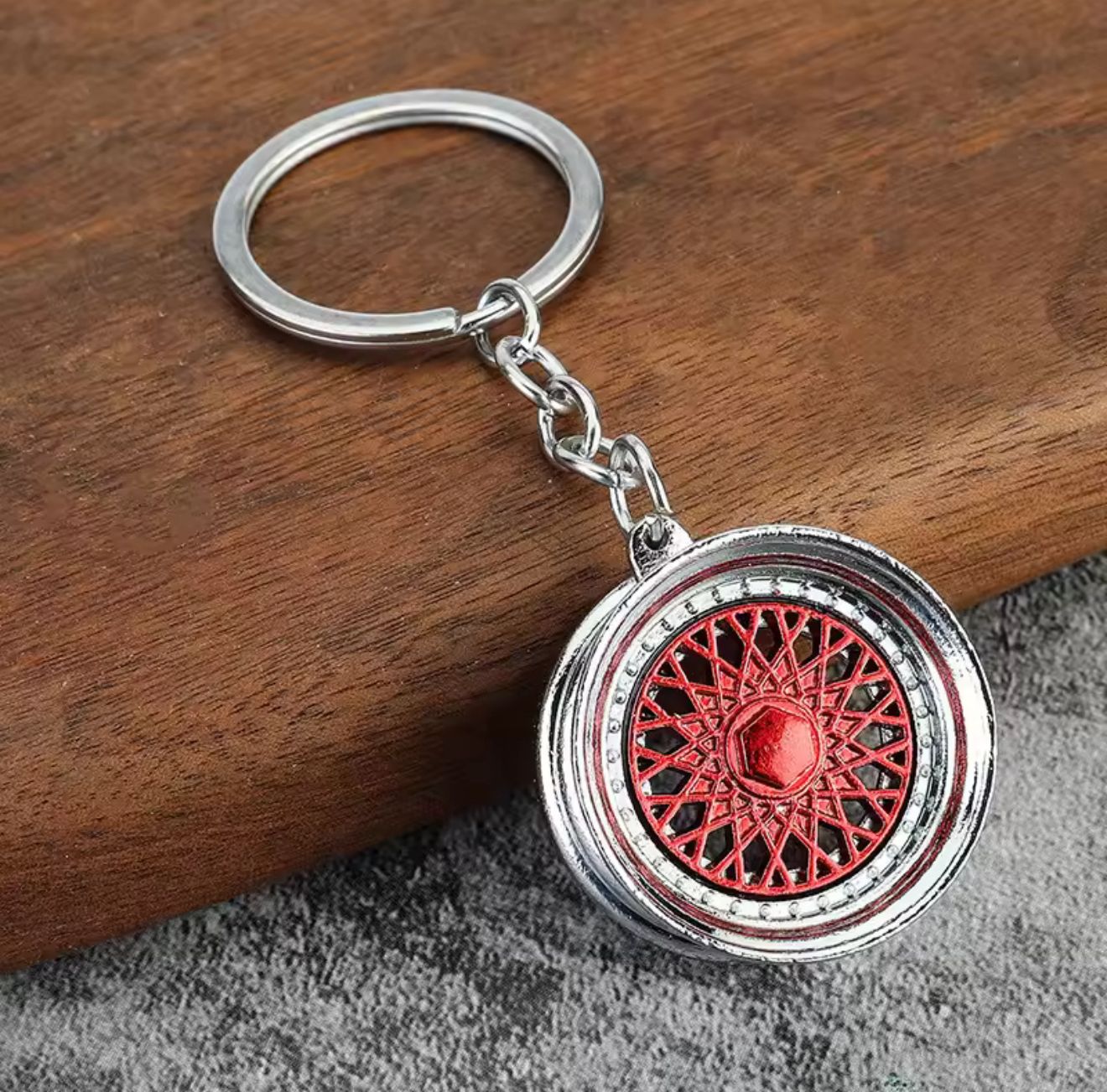 Classic Two-Tone Mesh Wheel Keychain (Red & Chrome)