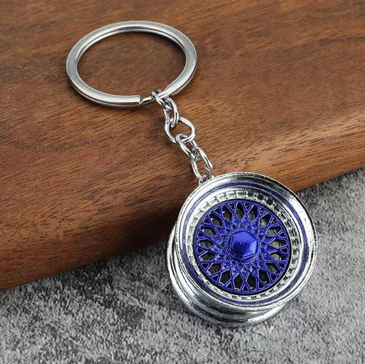 Classic Two-Tone Mesh Wheel Keychain (Blue & Chrome)