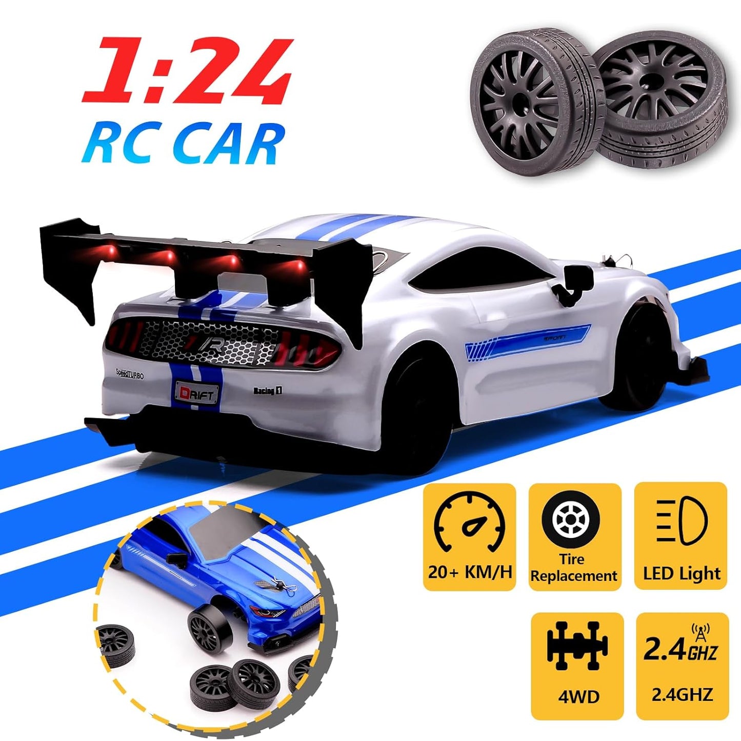Mustang 1:24 Scale RC Drift Car,4WD 2.4GHz High Speed Racing